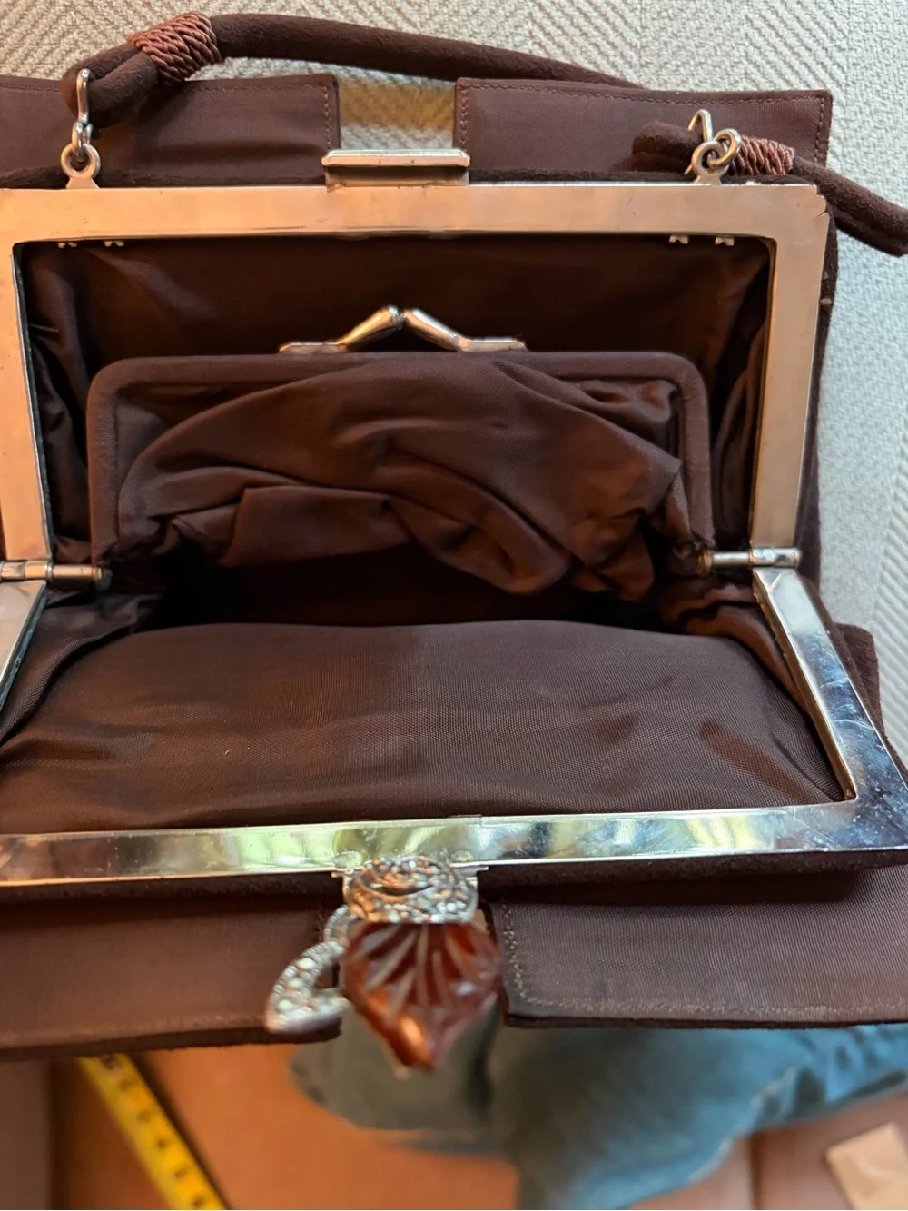 Vintage Brown French Antelope Handbag with Silver/Leaf Accent